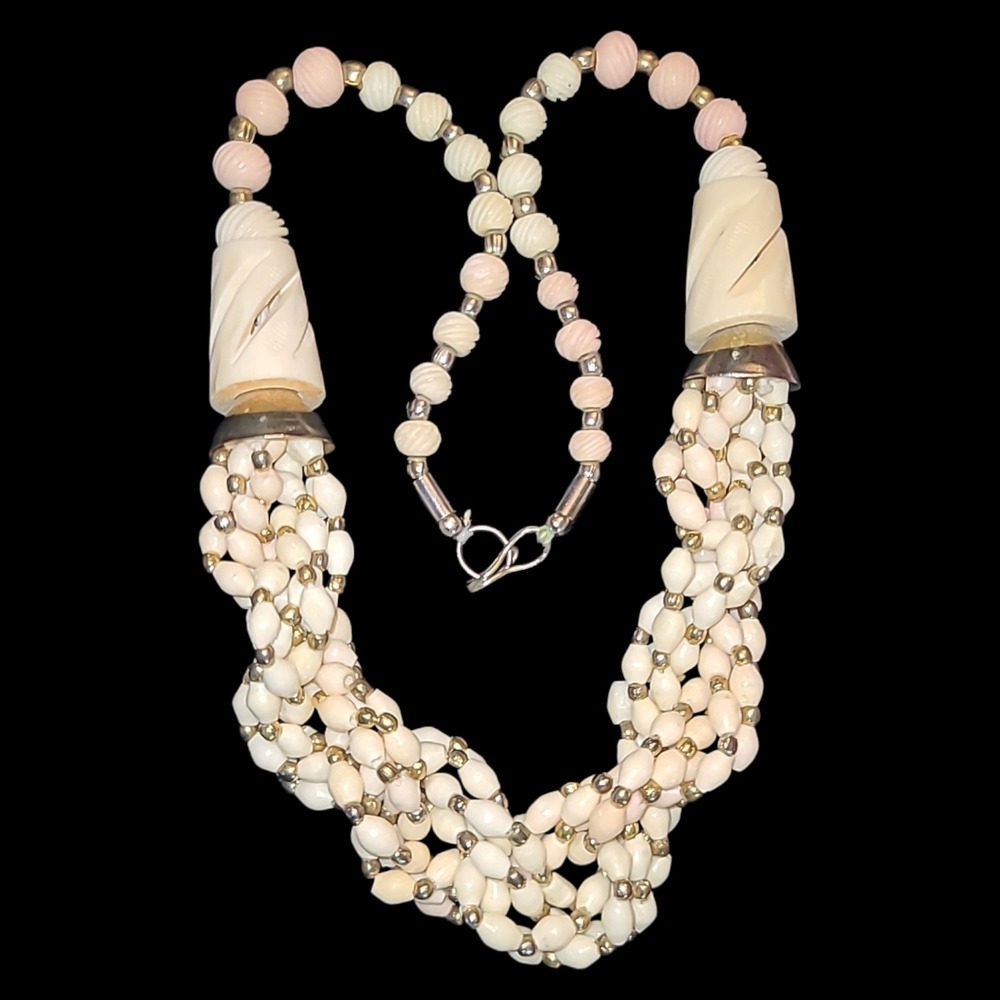 Vintage Braided Bead Necklace Pink‎ Cream Carved Natural Beads Boho Tribal 23"